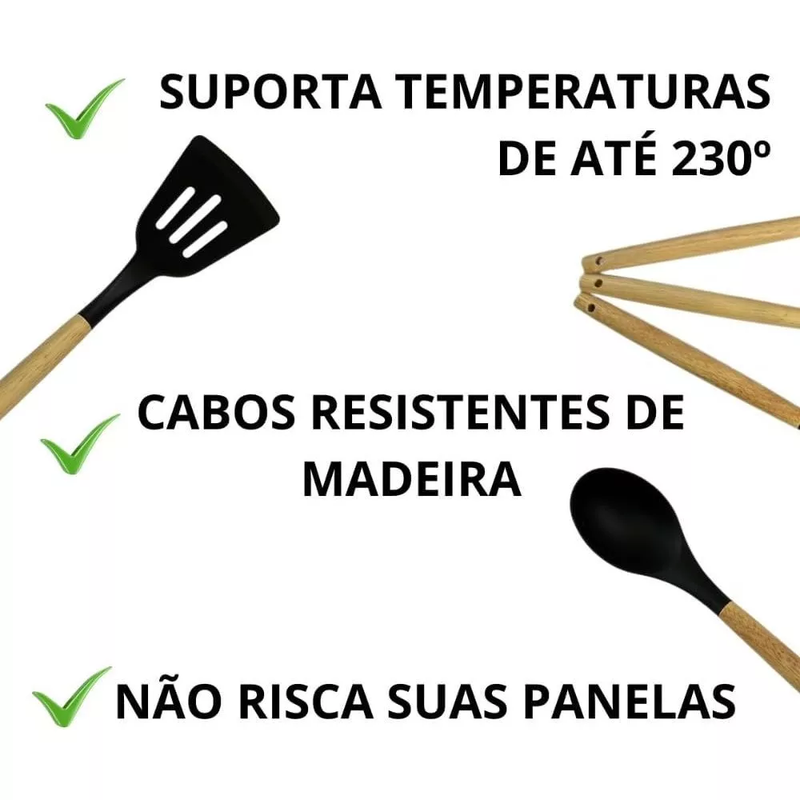 Kit Utensílios 12Pçs - Silicone e Madeira Preta