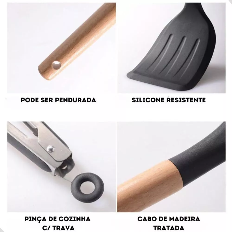 Kit Utensílios 12Pçs - Silicone e Madeira Preta