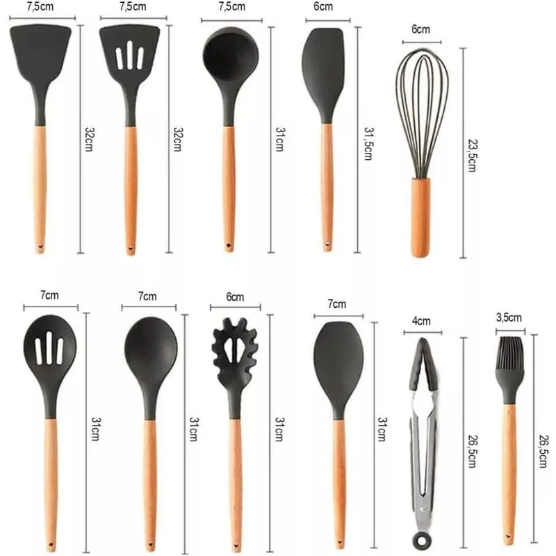 Kit Utensílios 12Pçs - Silicone e Madeira Preta