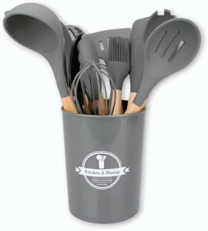 Kit Utensílios 12Pçs - Silicone e Madeira Cinza