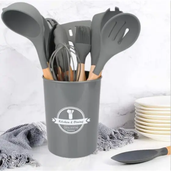 Kit Utensílios 12Pçs - Silicone e Madeira Cinza